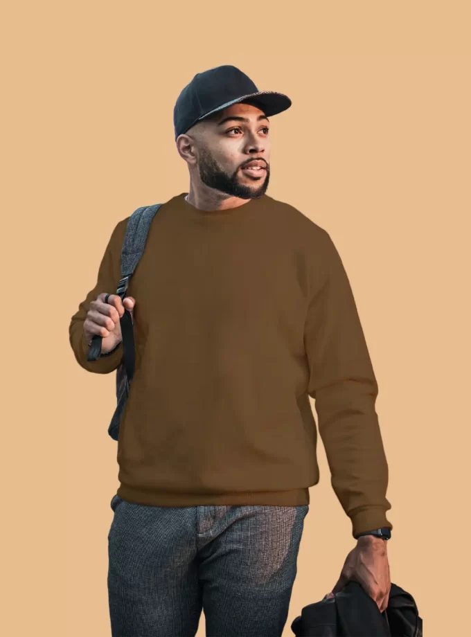 Solid Round Neck Sweatshirt - Brown